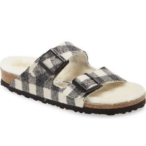 Birkenstock Arizona Shearling Slide Sandal- White/Black Buffalo Plaid